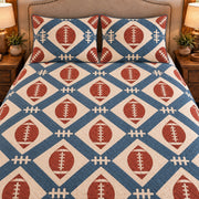Frontal close-up view AI mockup of the Football Laces Lattice american football quilt set with two coordinating printed pillow shams.