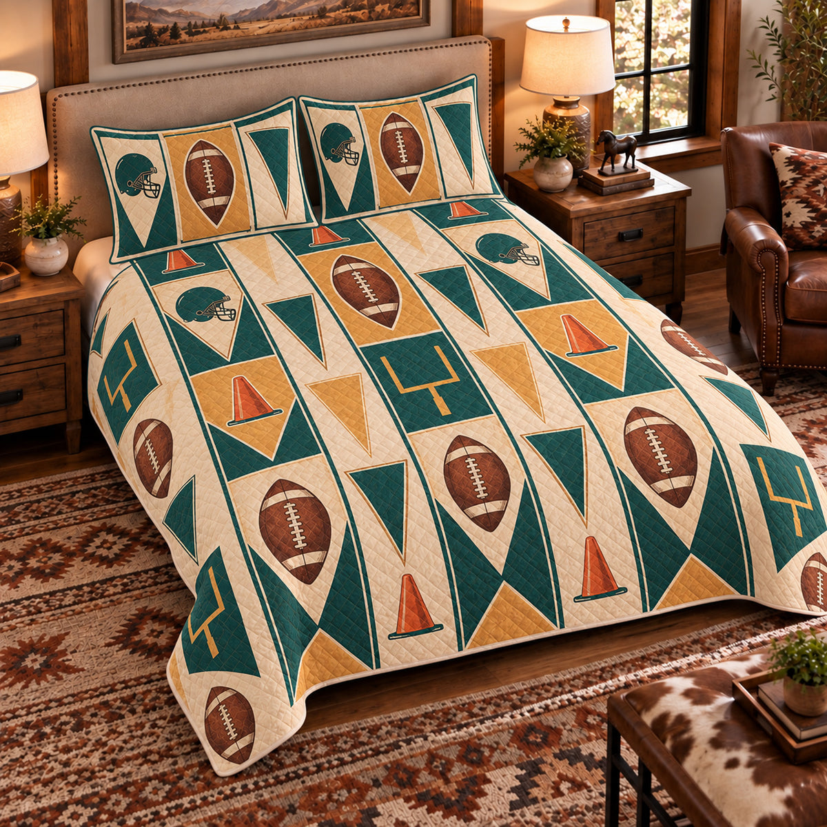 Elevated left-angle view AI mockup of the Football Practice Pennants american football quilt set with two coordinating printed pillow shams.