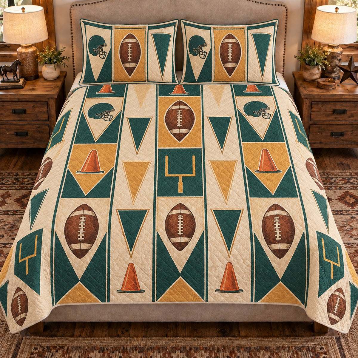 Front view AI mockup of the Football Practice Pennants american football quilt set with two coordinating printed pillow shams.