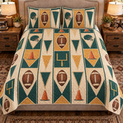 Front view AI mockup of the Football Practice Pennants american football quilt set with two coordinating printed pillow shams.