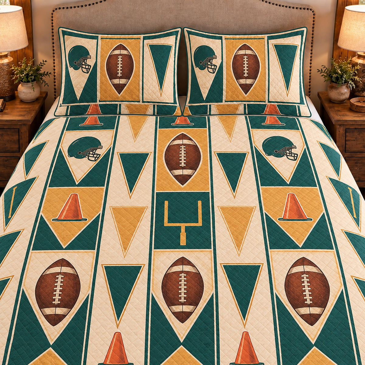 Frontal close-up view AI mockup of the Football Practice Pennants american football quilt set with two coordinating printed pillow shams.