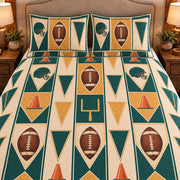 Frontal close-up view AI mockup of the Football Practice Pennants american football quilt set with two coordinating printed pillow shams.