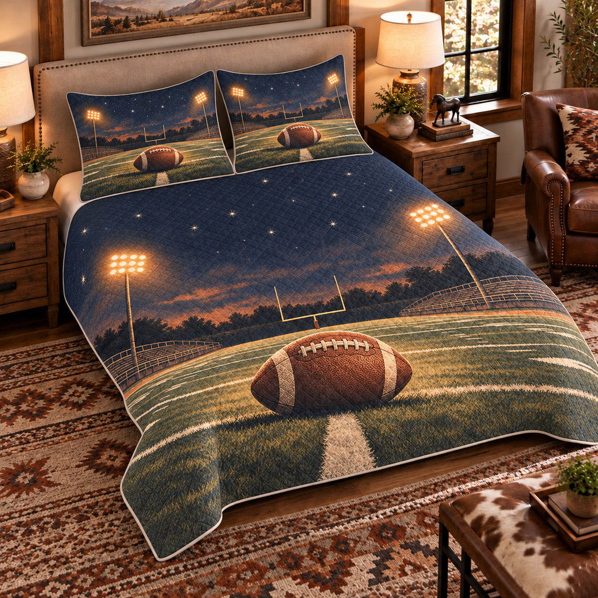 Elevated left-angle view AI mockup of the Football Night Field american football quilt set with two coordinating printed pillow shams.