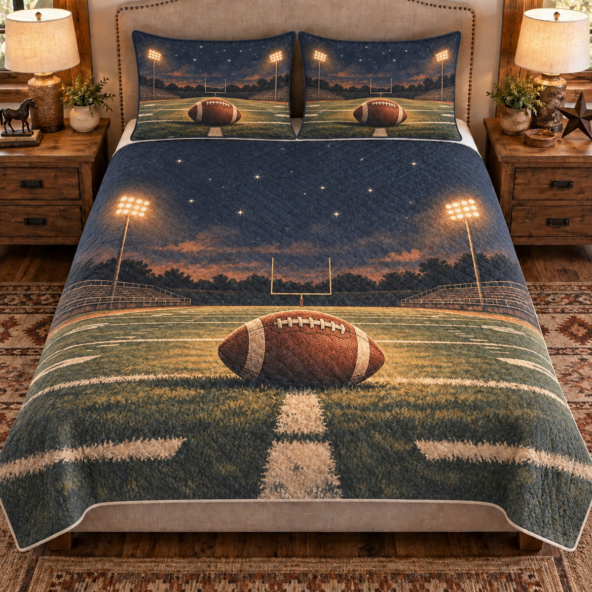 Front view AI mockup of the Football Night Field american football quilt set with two coordinating printed pillow shams.