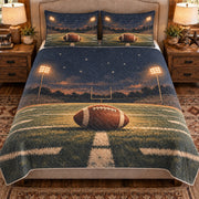 Front view AI mockup of the Football Night Field american football quilt set with two coordinating printed pillow shams.
