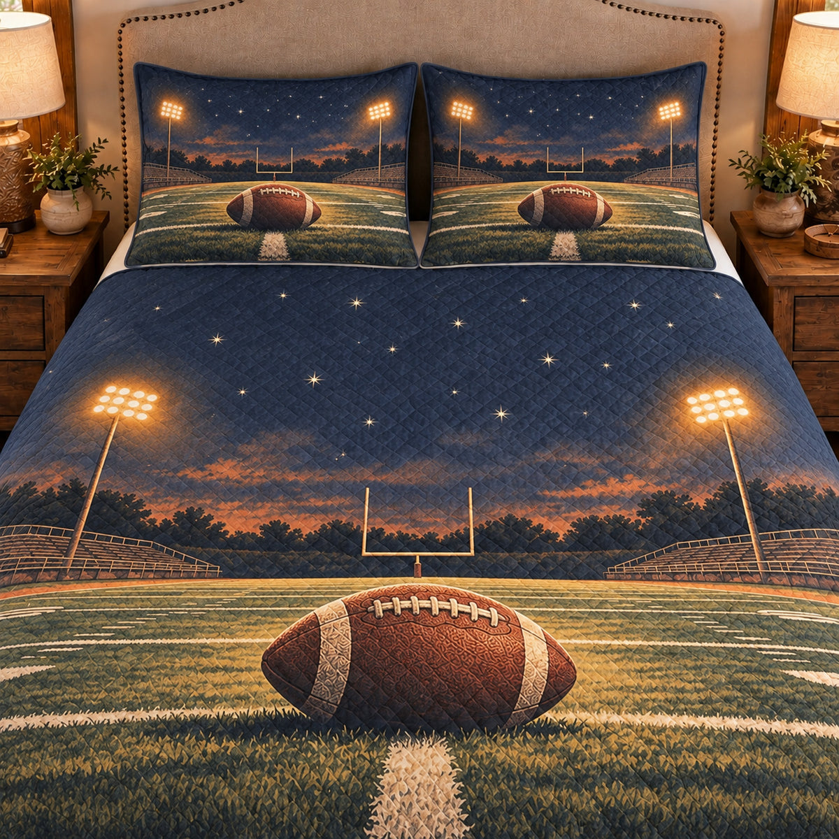 Frontal close-up view AI mockup of the Football Night Field american football quilt set with two coordinating printed pillow shams.