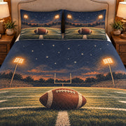 Frontal close-up view AI mockup of the Football Night Field american football quilt set with two coordinating printed pillow shams.