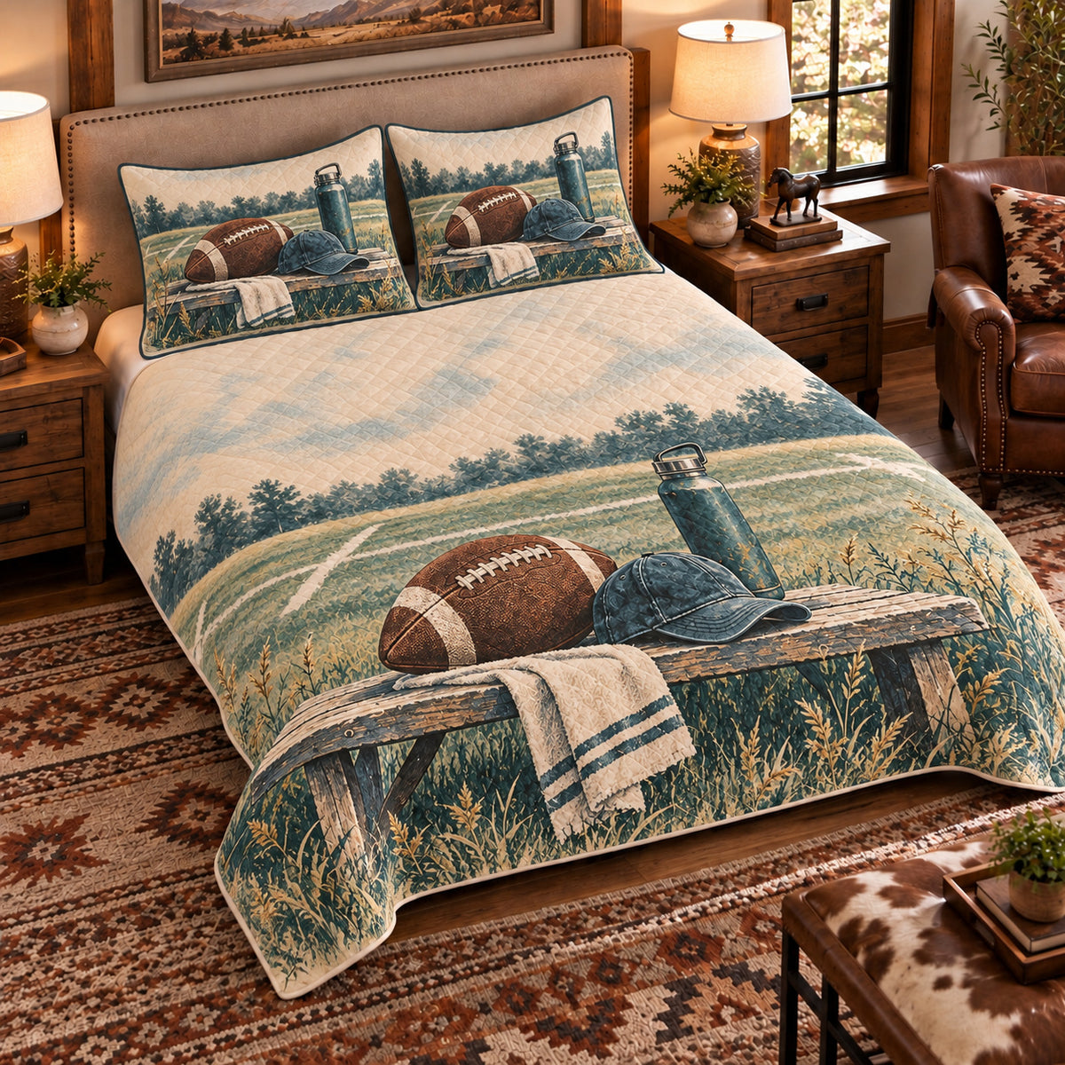 Elevated left-angle view AI mockup of the Football Bench Break american football quilt set with two coordinating printed pillow shams.