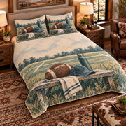 Elevated left-angle view AI mockup of the Football Bench Break american football quilt set with two coordinating printed pillow shams.
