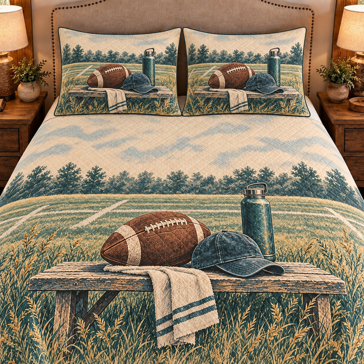 Frontal close-up view AI mockup of the Football Bench Break american football quilt set with two coordinating printed pillow shams.