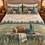 Frontal close-up view AI mockup of the Football Bench Break american football quilt set with two coordinating printed pillow shams.