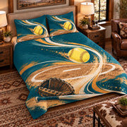 Elevated left-angle view AI mockup of the Pitching Circle Rhythm fastpitch softball quilt set with two coordinating printed pillow shams.