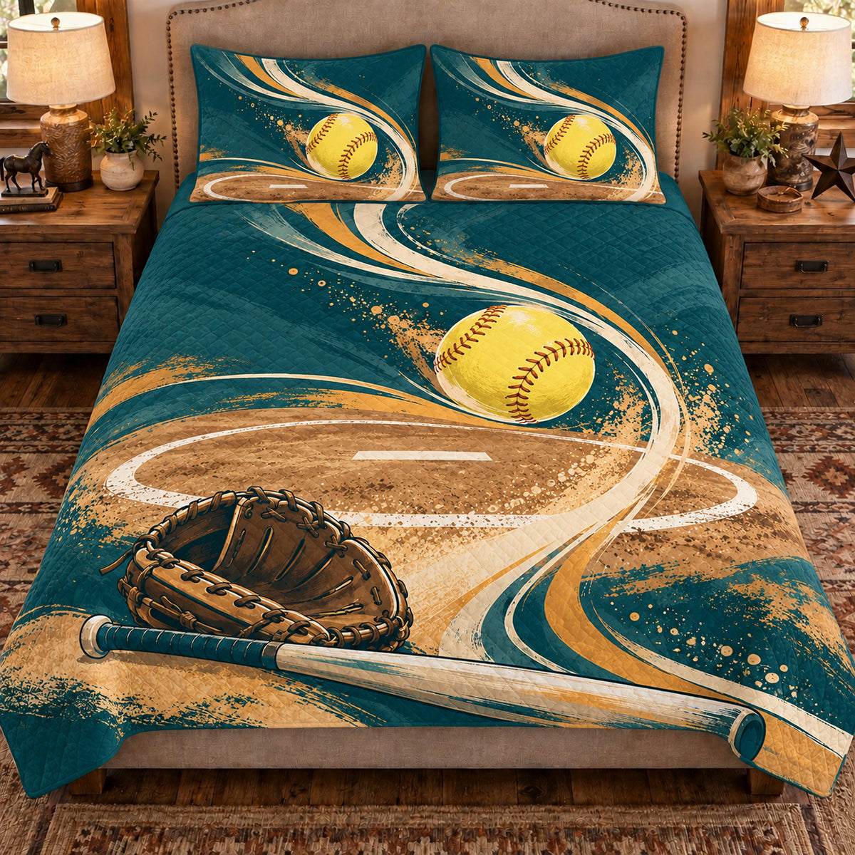 Front view AI mockup of the Pitching Circle Rhythm fastpitch softball quilt set with two coordinating printed pillow shams.