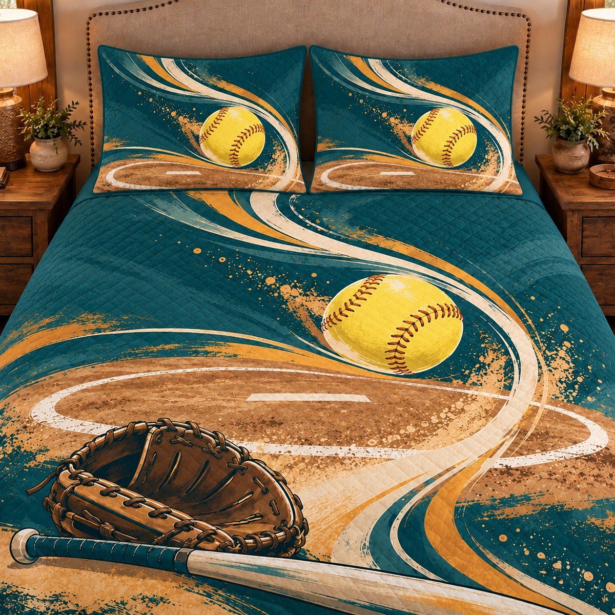Frontal close-up view AI mockup of the Pitching Circle Rhythm fastpitch softball quilt set with two coordinating printed pillow shams.