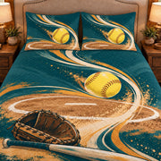 Frontal close-up view AI mockup of the Pitching Circle Rhythm fastpitch softball quilt set with two coordinating printed pillow shams.
