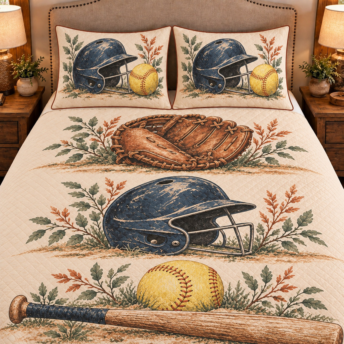 Frontal close-up view AI mockup of the Dugout Equipment Studies fastpitch softball quilt set with two coordinating printed pillow shams.