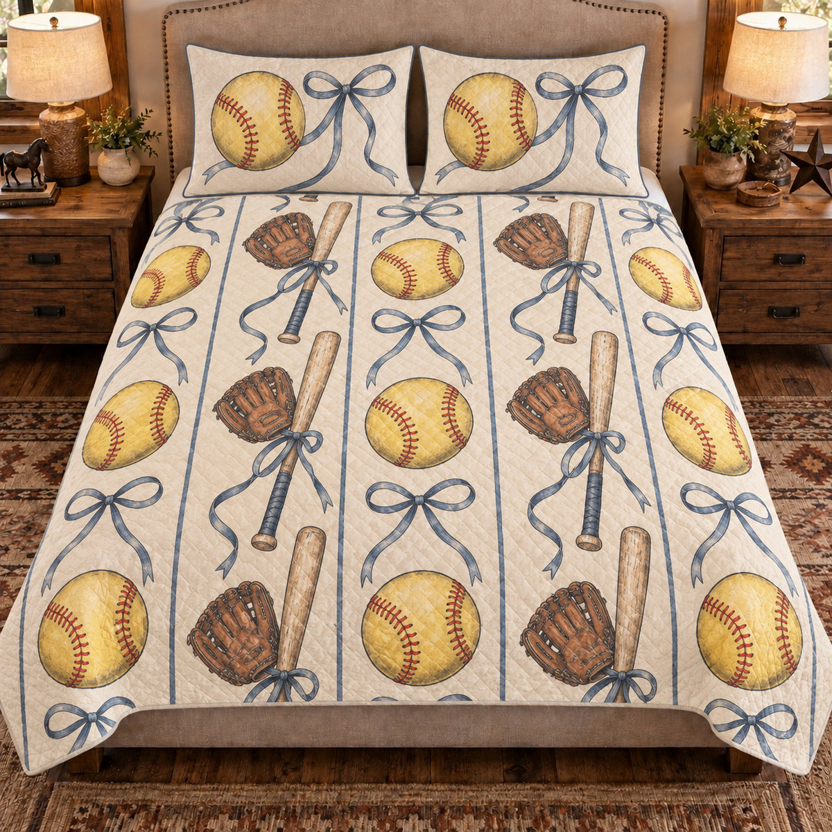 Front view AI mockup of the Softball Ribbon Court fastpitch softball quilt set with two coordinating printed pillow shams.