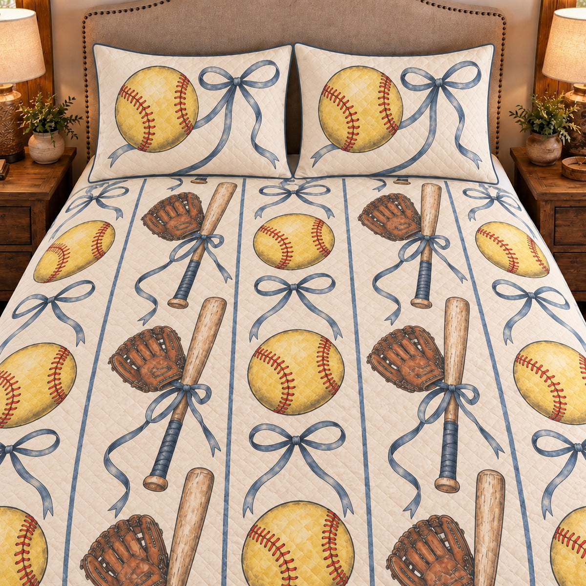 Frontal close-up view AI mockup of the Softball Ribbon Court fastpitch softball quilt set with two coordinating printed pillow shams.