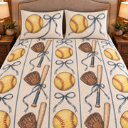 Frontal close-up view AI mockup of the Softball Ribbon Court fastpitch softball quilt set with two coordinating printed pillow shams.