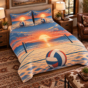Elevated left-angle view AI mockup of the Beach Volleyball Sunrise indoor volleyball quilt set with two coordinating printed pillow shams.