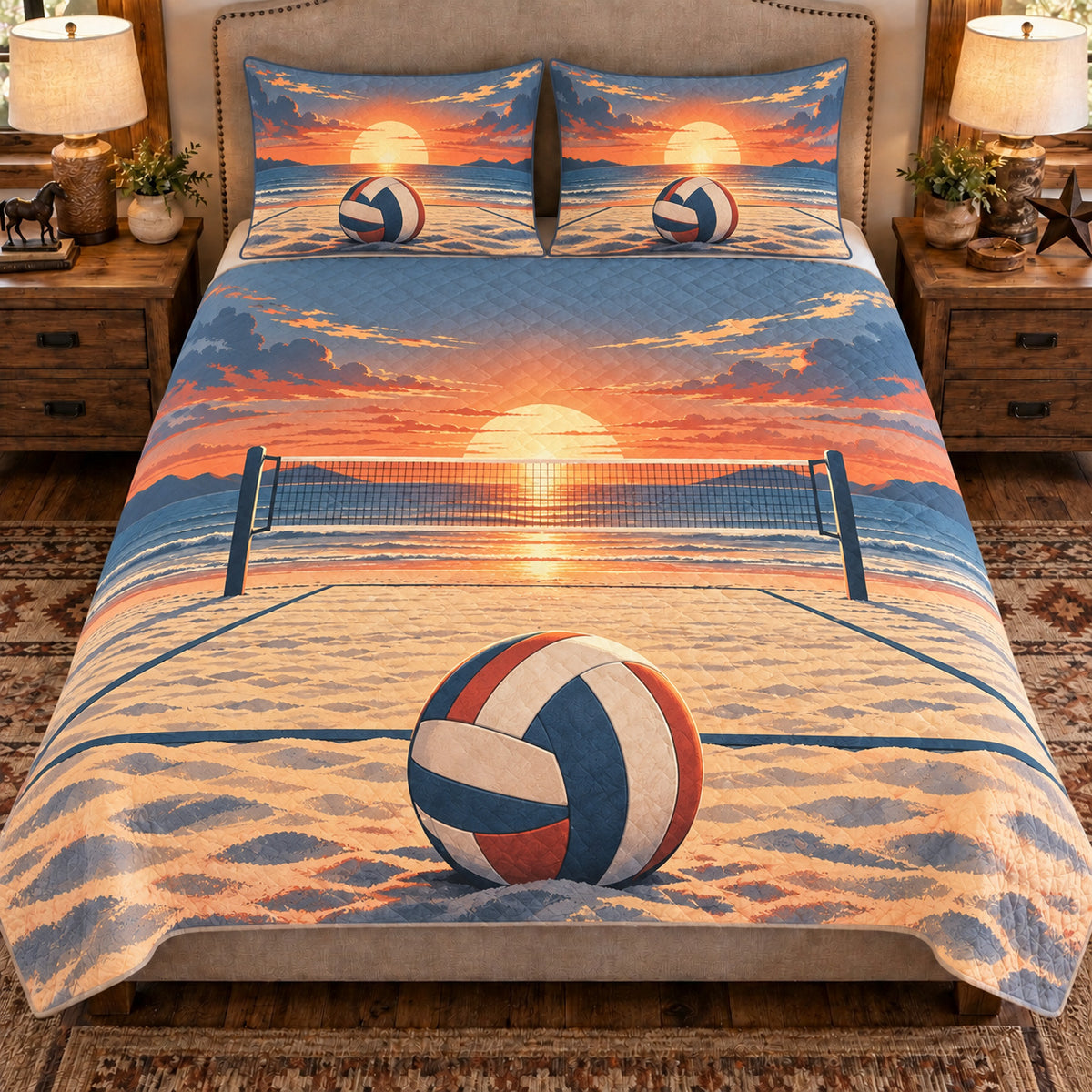 Front view AI mockup of the Beach Volleyball Sunrise indoor volleyball quilt set with two coordinating printed pillow shams.