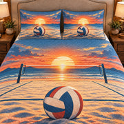 Frontal close-up view AI mockup of the Beach Volleyball Sunrise indoor volleyball quilt set with two coordinating printed pillow shams.