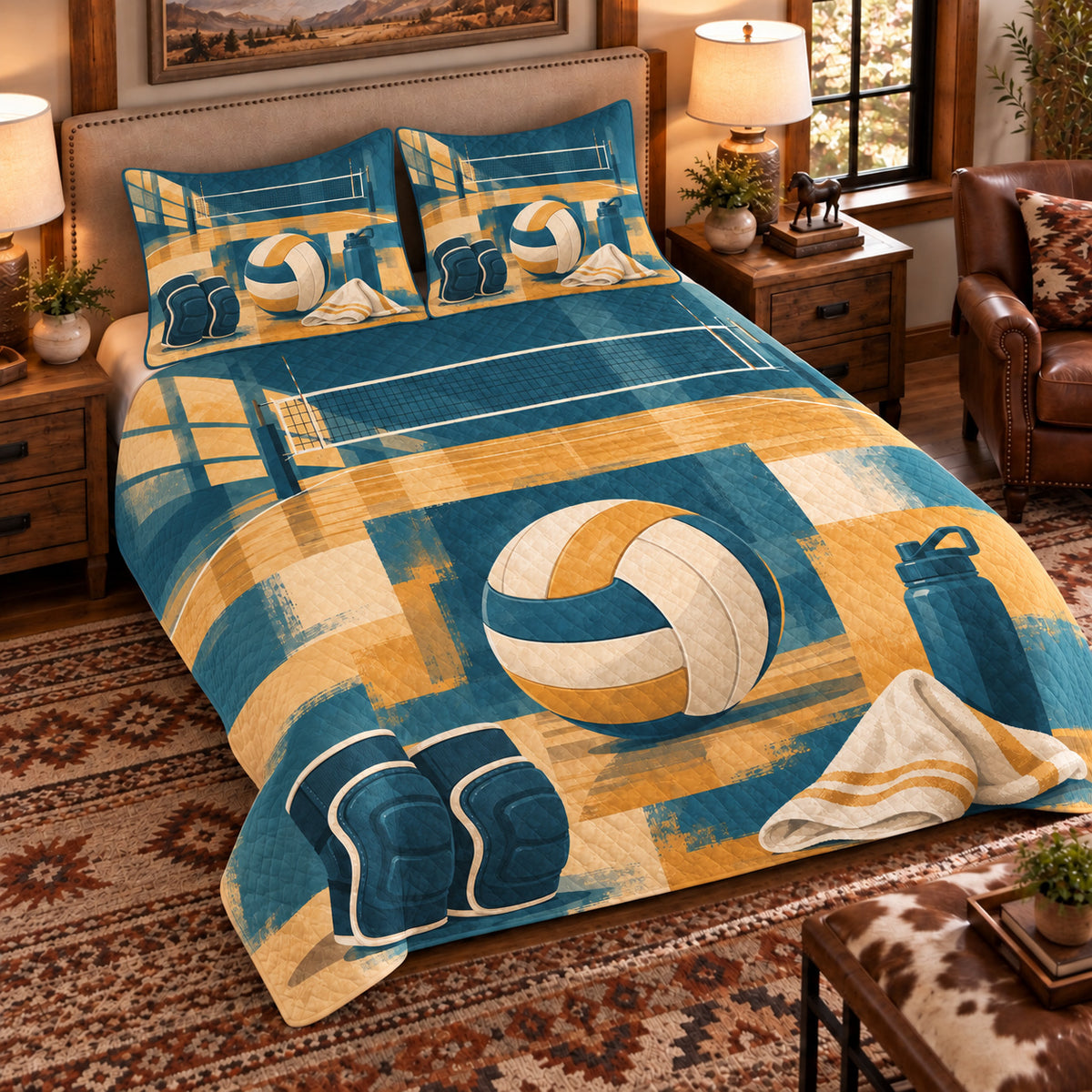 Elevated left-angle view AI mockup of the Volleyball Gear Studies indoor volleyball quilt set with two coordinating printed pillow shams.