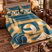 Elevated left-angle view AI mockup of the Volleyball Gear Studies indoor volleyball quilt set with two coordinating printed pillow shams.