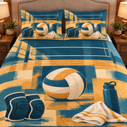 Frontal close-up view AI mockup of the Volleyball Gear Studies indoor volleyball quilt set with two coordinating printed pillow shams.