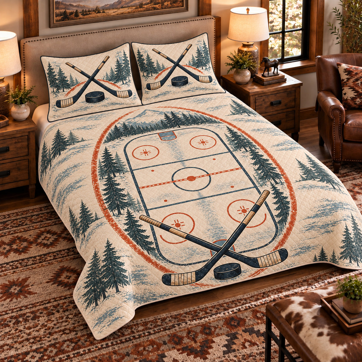 Elevated left-angle view AI mockup of the Hockey Rink Geometry ice hockey quilt set with two coordinating printed pillow shams.