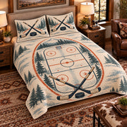 Elevated left-angle view AI mockup of the Hockey Rink Geometry ice hockey quilt set with two coordinating printed pillow shams.