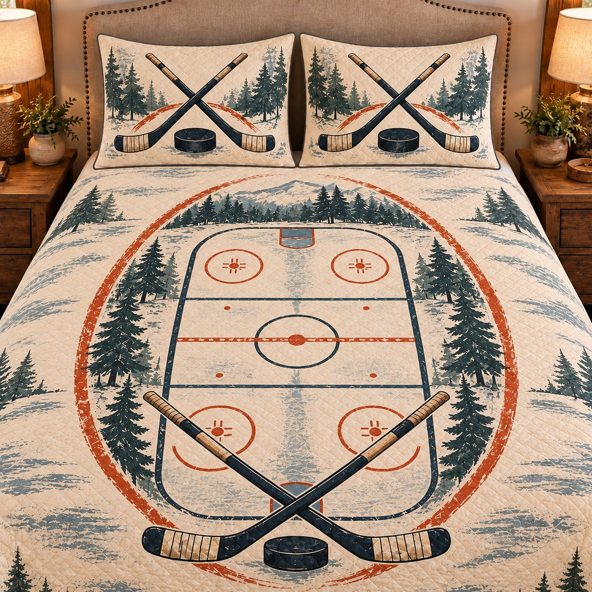 Frontal close-up view AI mockup of the Hockey Rink Geometry ice hockey quilt set with two coordinating printed pillow shams.