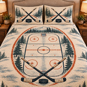 Frontal close-up view AI mockup of the Hockey Rink Geometry ice hockey quilt set with two coordinating printed pillow shams.