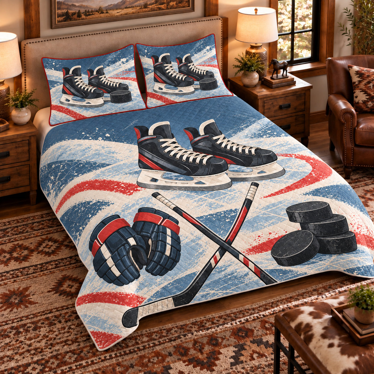 Elevated left-angle view AI mockup of the Hockey Equipment Cabinet ice hockey quilt set with two coordinating printed pillow shams.