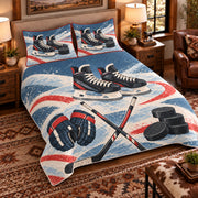 Elevated left-angle view AI mockup of the Hockey Equipment Cabinet ice hockey quilt set with two coordinating printed pillow shams.