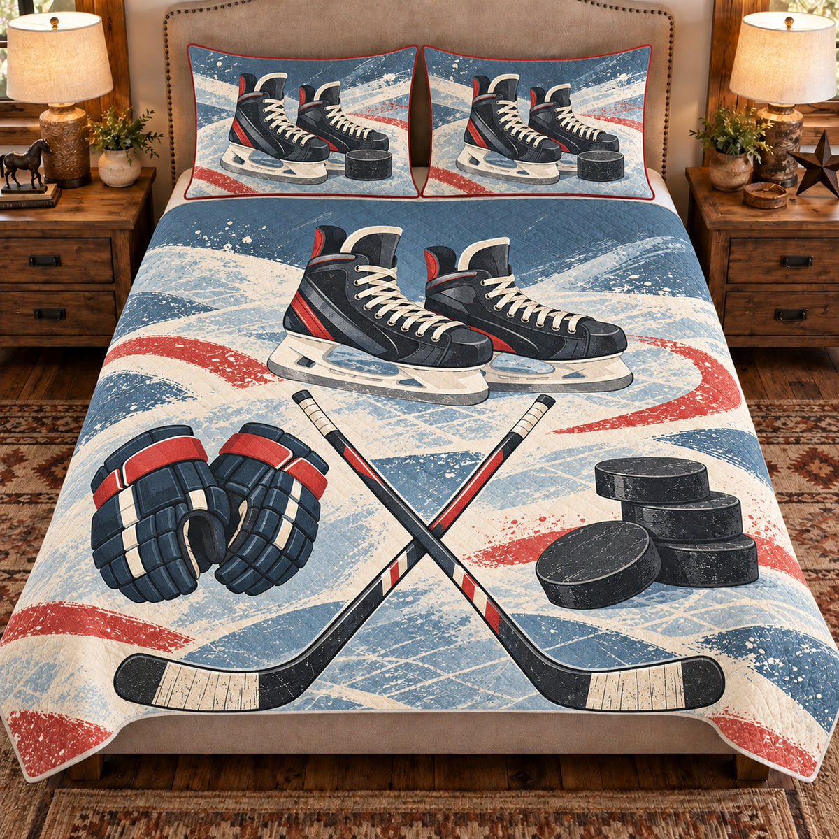 Front view AI mockup of the Hockey Equipment Cabinet ice hockey quilt set with two coordinating printed pillow shams.