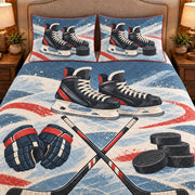 Frontal close-up view AI mockup of the Hockey Equipment Cabinet ice hockey quilt set with two coordinating printed pillow shams.