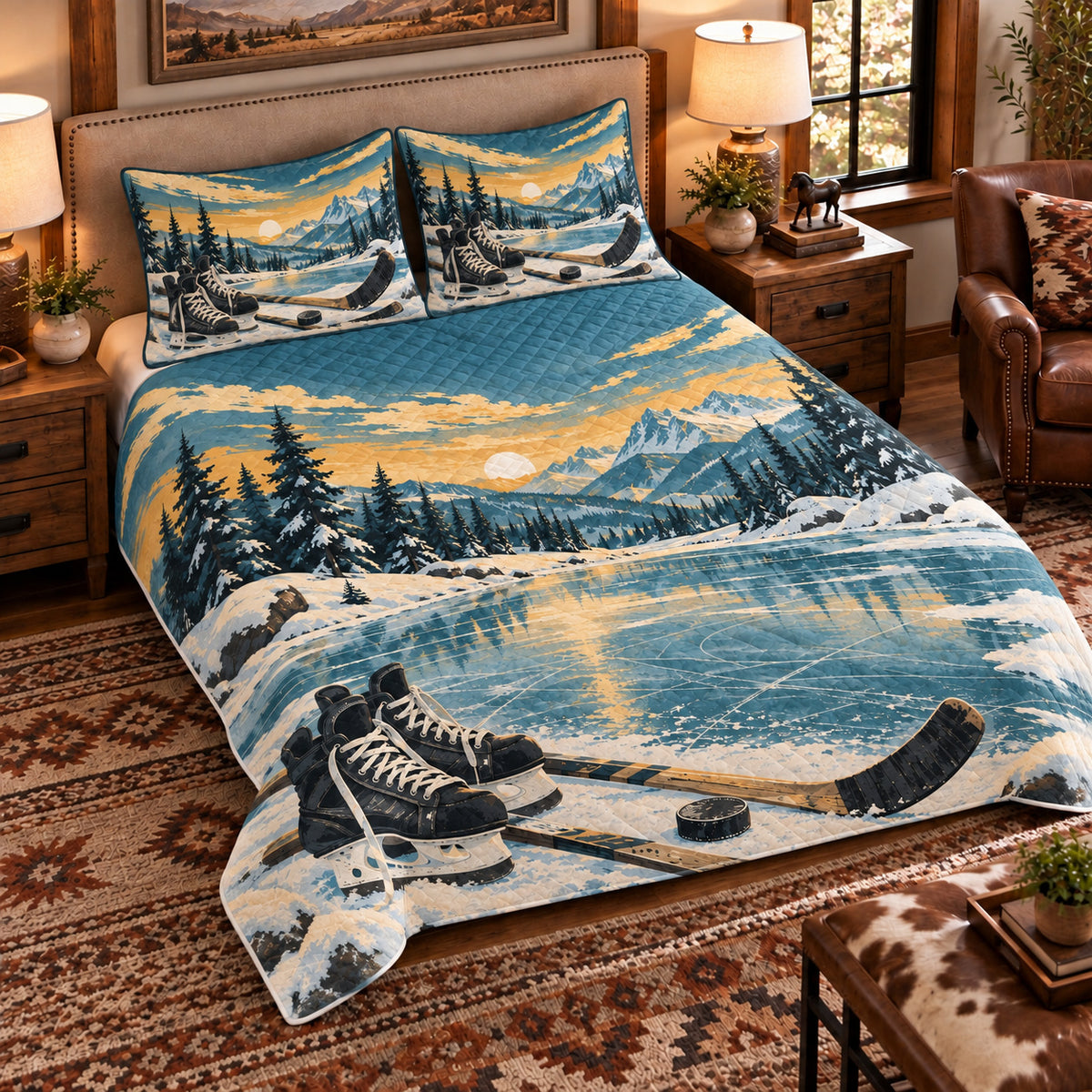 Elevated left-angle view AI mockup of the Hockey Frozen Pond ice hockey quilt set with two coordinating printed pillow shams.