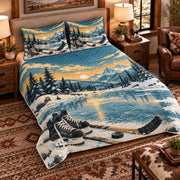 Elevated left-angle view AI mockup of the Hockey Frozen Pond ice hockey quilt set with two coordinating printed pillow shams.