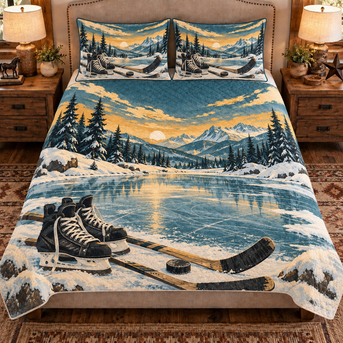 Front view AI mockup of the Hockey Frozen Pond ice hockey quilt set with two coordinating printed pillow shams.