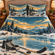 Frontal close-up view AI mockup of the Hockey Frozen Pond ice hockey quilt set with two coordinating printed pillow shams.