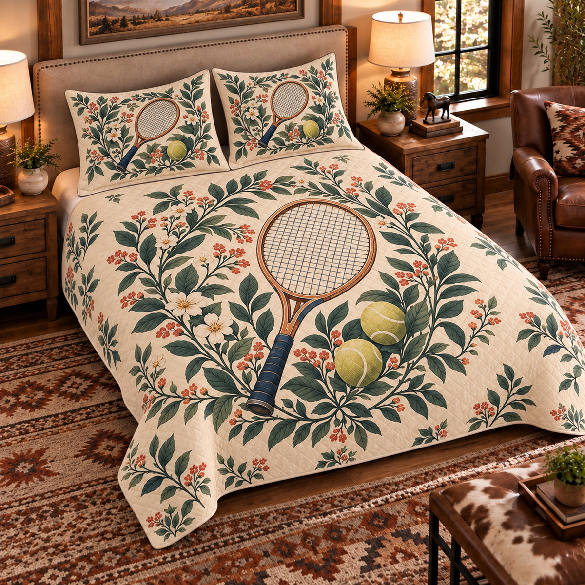 Elevated left-angle view AI mockup of the Tennis Racket Garden tennis quilt set with two coordinating printed pillow shams.