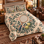 Elevated left-angle view AI mockup of the Tennis Racket Garden tennis quilt set with two coordinating printed pillow shams.