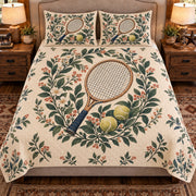 Front view AI mockup of the Tennis Racket Garden tennis quilt set with two coordinating printed pillow shams.