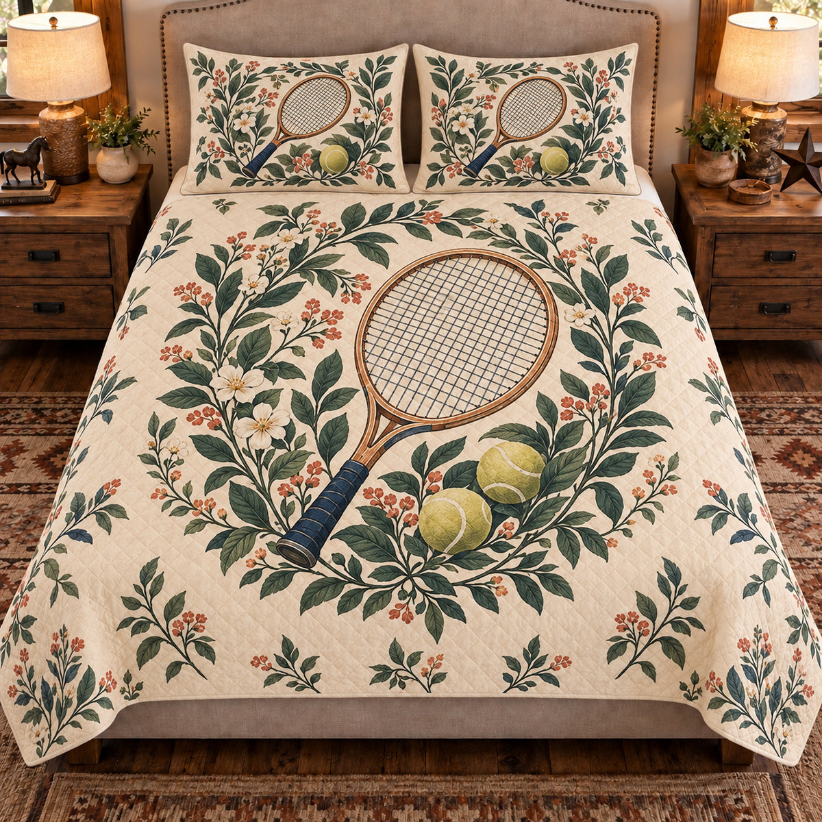 Front view AI mockup of the Tennis Racket Garden tennis quilt set with two coordinating printed pillow shams.