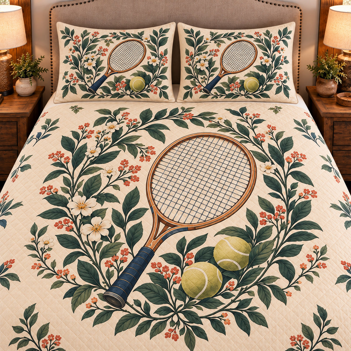 Frontal close-up view AI mockup of the Tennis Racket Garden tennis quilt set with two coordinating printed pillow shams.