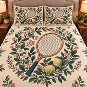Frontal close-up view AI mockup of the Tennis Racket Garden tennis quilt set with two coordinating printed pillow shams.