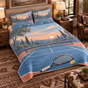 Elevated left-angle view AI mockup of the Tennis Court Morning tennis quilt set with two coordinating printed pillow shams.
