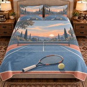 Front view AI mockup of the Tennis Court Morning tennis quilt set with two coordinating printed pillow shams.
