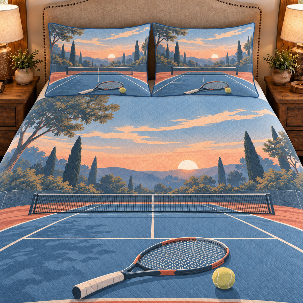 Frontal close-up view AI mockup of the Tennis Court Morning tennis quilt set with two coordinating printed pillow shams.